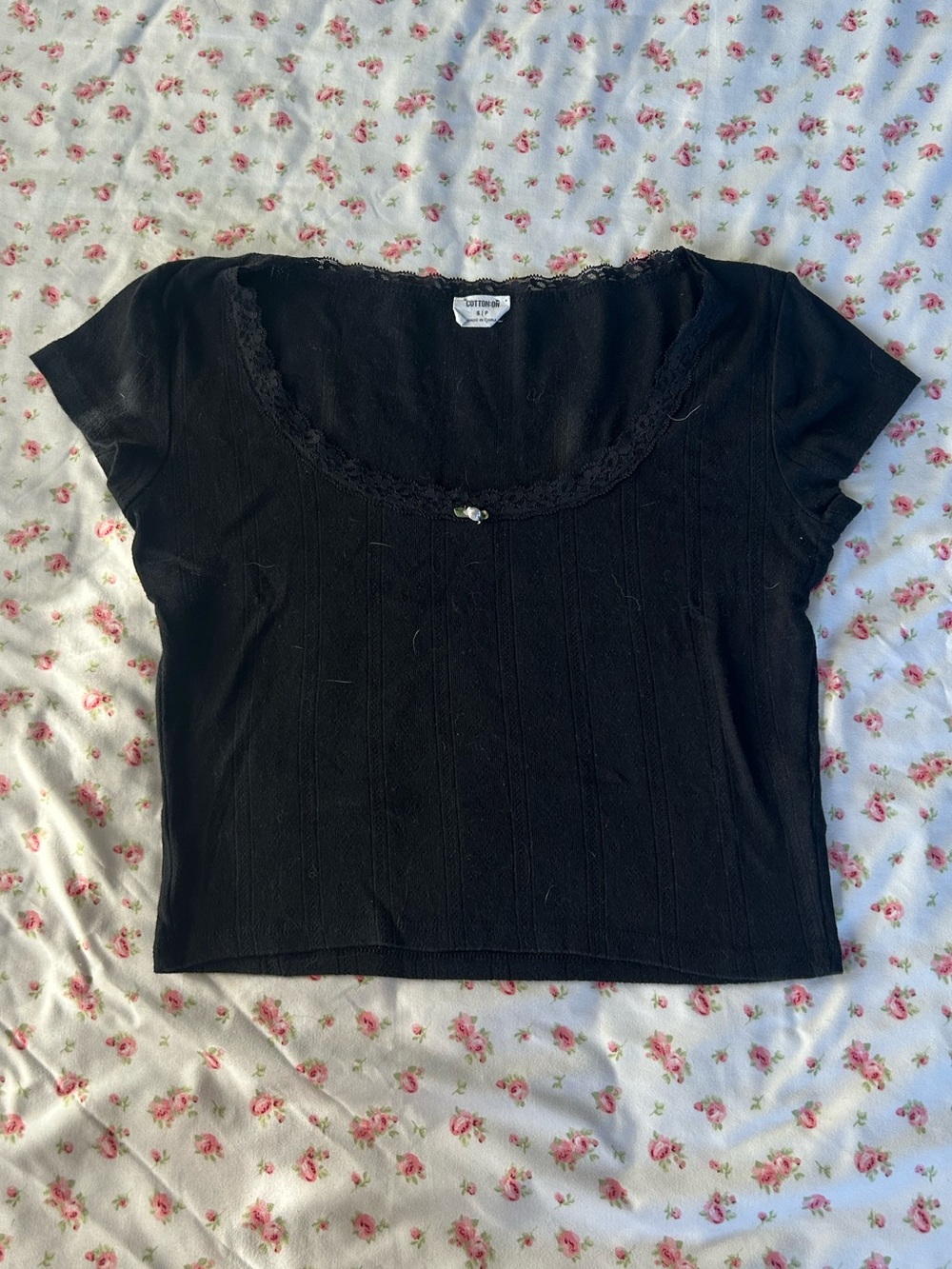 Cotton On Black Scoop Neck Lace-Trim Crop Top
